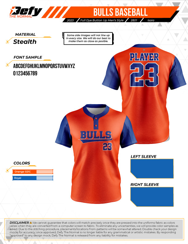 Bulls Baseball Orange 2 Button Full Dye Men's Jersey ym