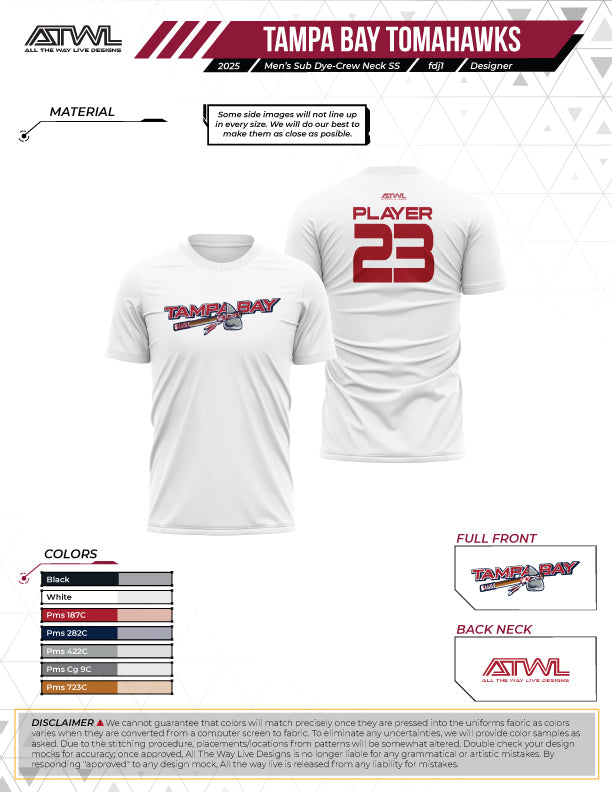 Tampa Tomahawks Mens White Sub dye jersey