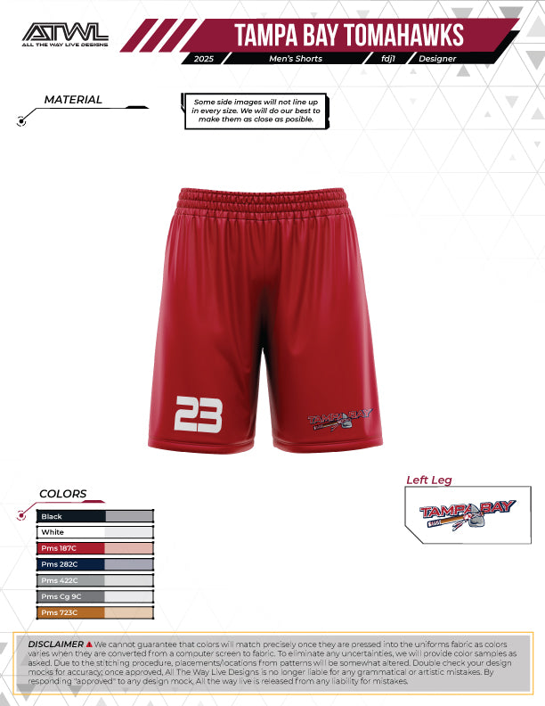 Tampa Tomahawks mens cut Full Dye Shorts