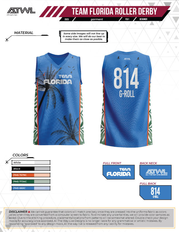 Team Florida Roller Derby Mens cut Sleeveless Jersey