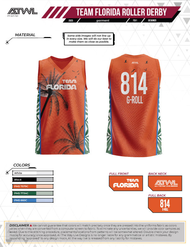 Team Florida Roller Derby Mens cut Sleeveless Jersey