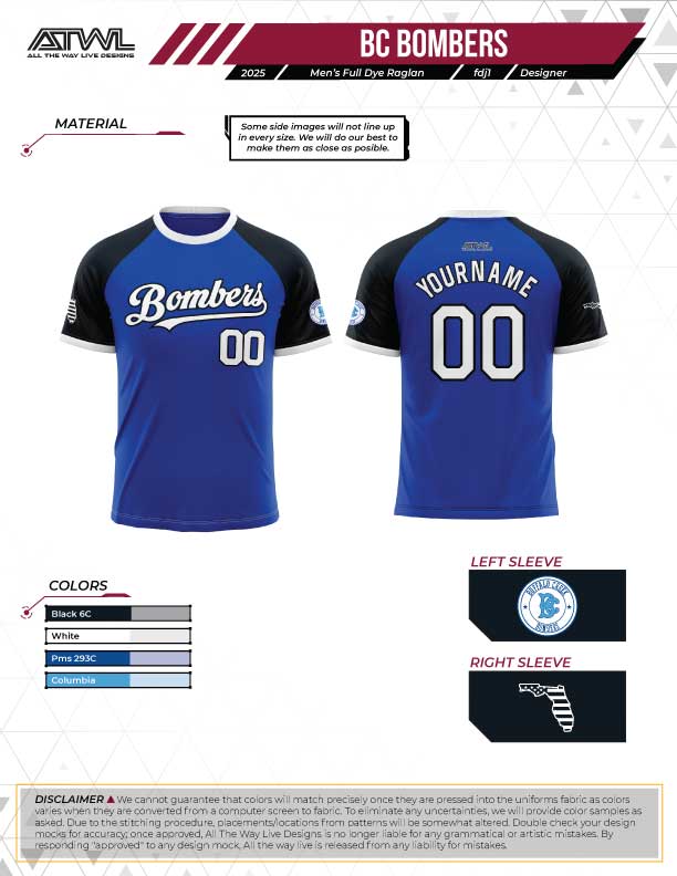 Buffalo Creek Bombers Royal & Black Raglan Men's full dye Jersey