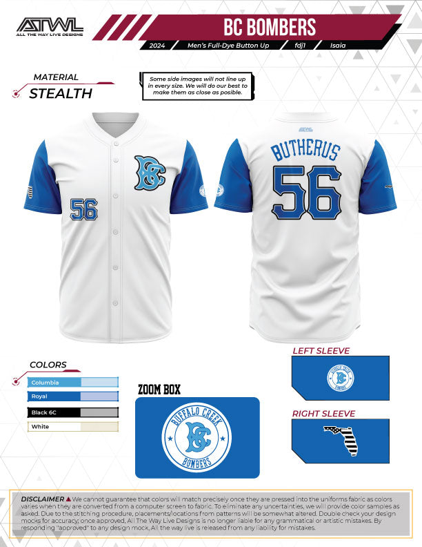 Buffalo Creek Bombers White Full Button Full Dye Men's Jersey