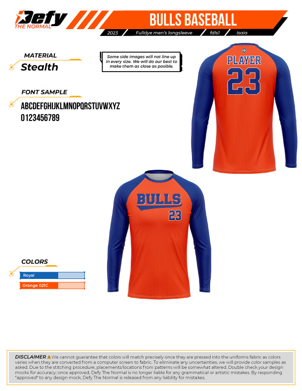 Bulls Baseball Orange Longsleeve Men's Full Dye Jersey