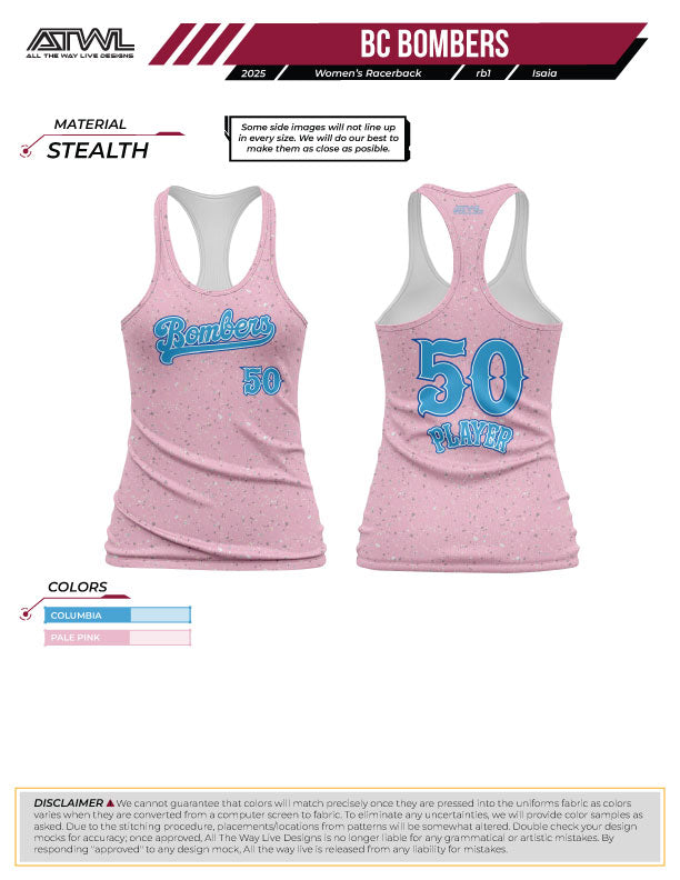 Buffalo Creek Bombers Pink Womens Full dye Racerback