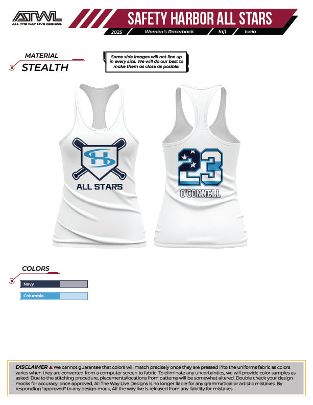 Safety Harbor All Stars White Womens Racerback sub dye jersey