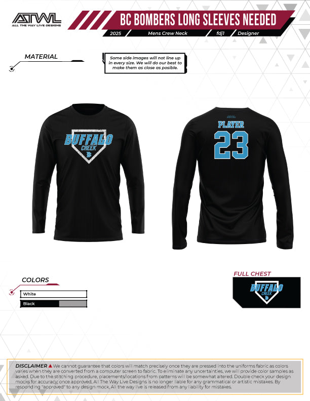Buffalo Creek Bombers Home Plate Logo Mens Long Sleeve Dri-fit dye jersey
