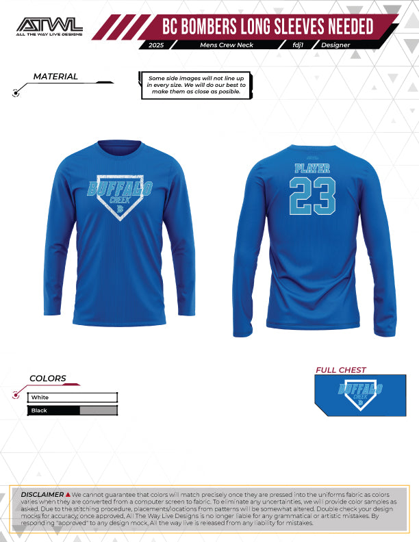 Buffalo Creek Bombers Home Plate Logo Mens Long Sleeve Dri-fit dye jersey