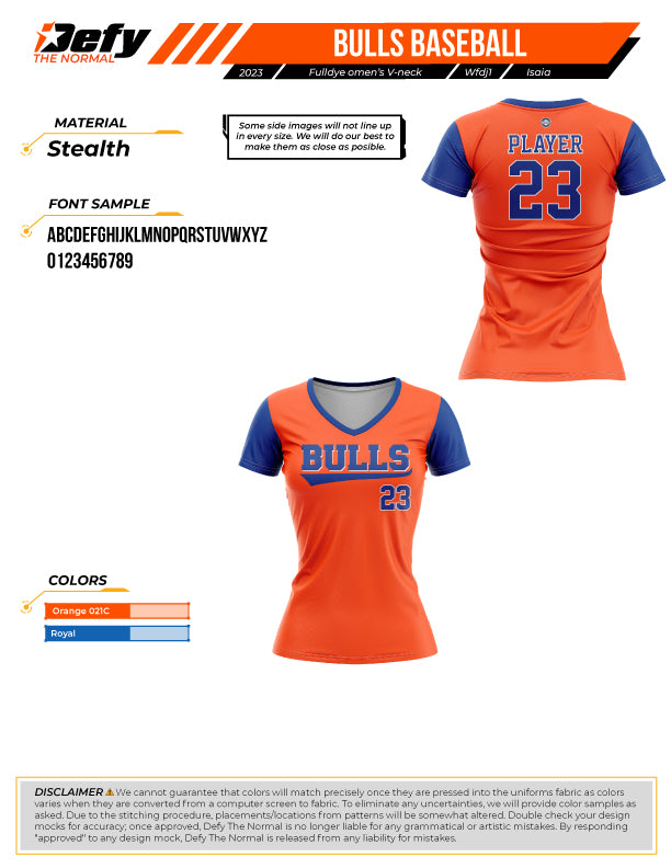 Bulls Baseball Orange Womens Full Dye Jersey