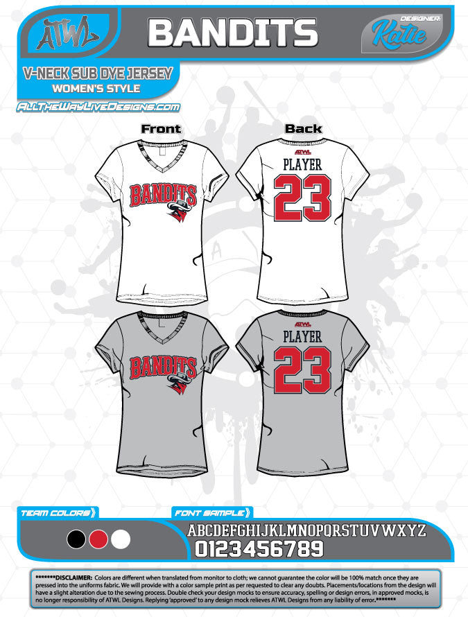 Bandits Baseball 11U Women's V-Neck Sub Dye Jersey