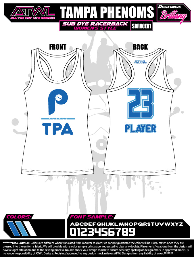 Tampa Phenoms Womens Reacerback Sub Dye Jersey