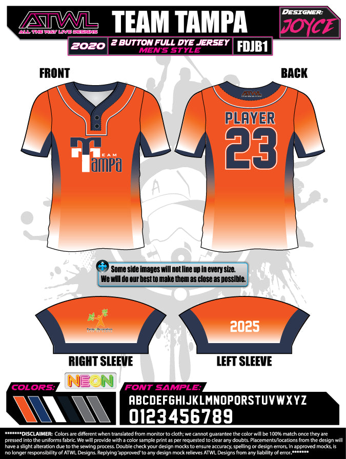 Team Tampa orange 2 button Men's cut Full Dye Jersey