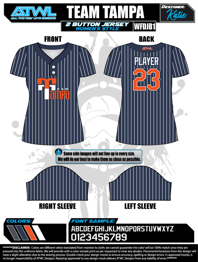 Team Tampa navy 2 button women's cut Full Dye Jersey