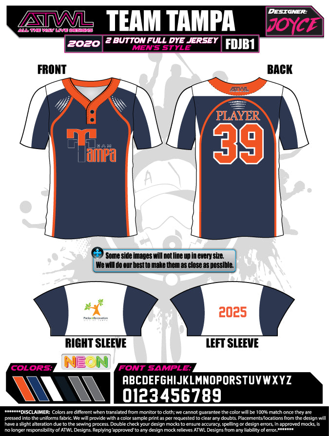 Team Tampa navy 2 button Men's cut Full Dye Jersey