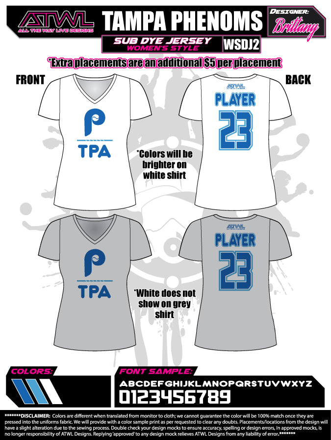 Tampa Phenoms Womens V-Neck Sub Dye Jersey